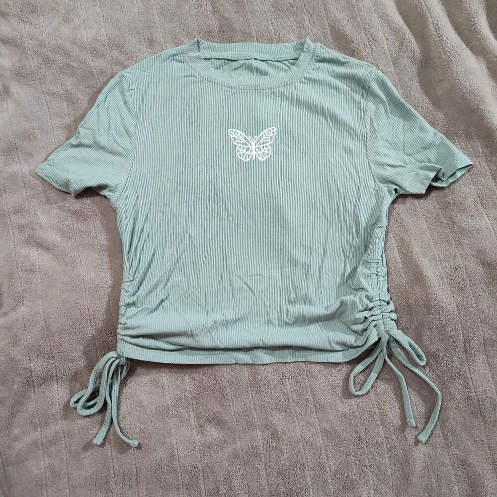 Shein muted green ribbed butterfly top Size Small